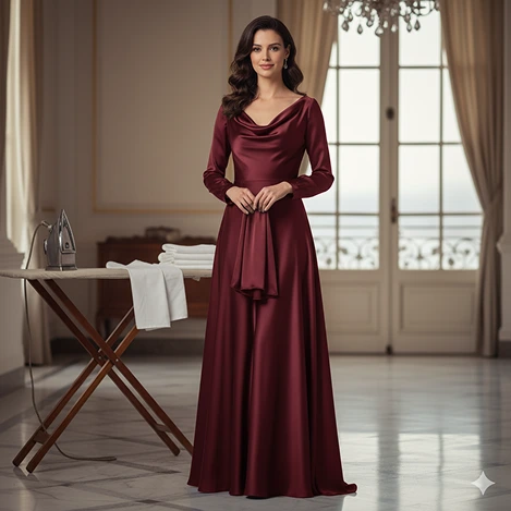 Egy nő áll bordó ruhában